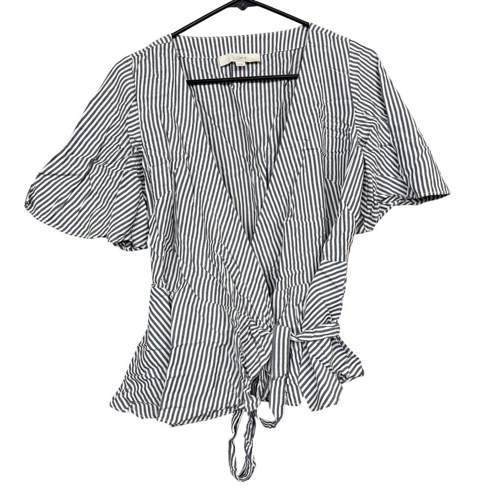 Ann Taylor LOFT Womens Blouse Blue White Stripe Deep V Wrap Short Sleeve XS